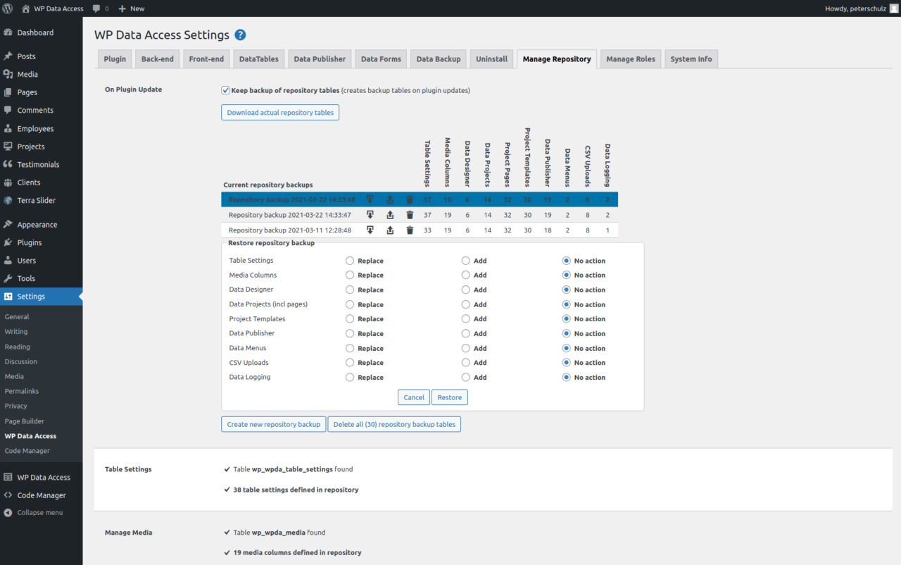 Repository backup and restore | WP Data Access | Legacy Documentation